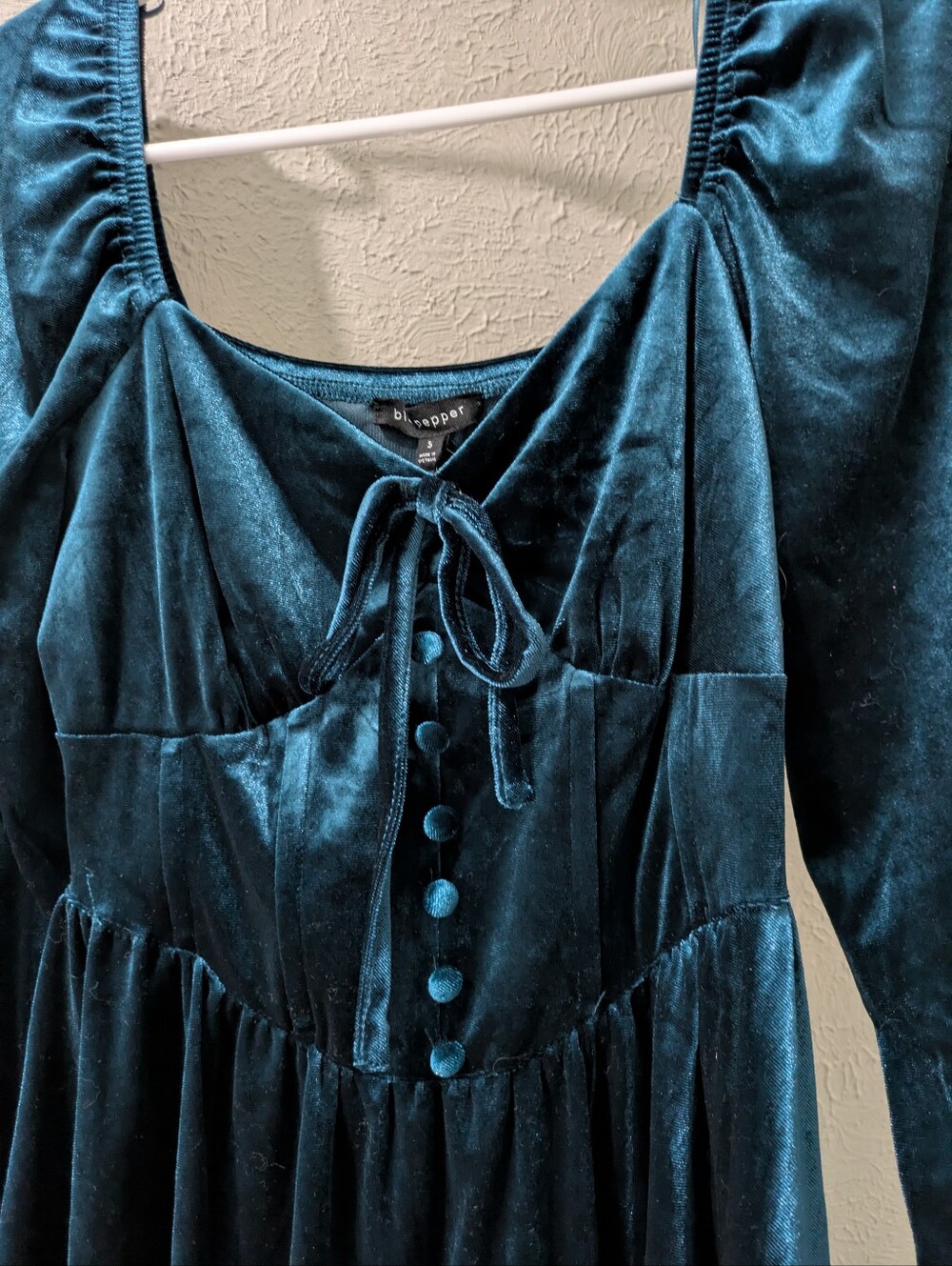 Blu Pepper Teal Velvet Long-Sleeve Button Front Bodice Mini Dress